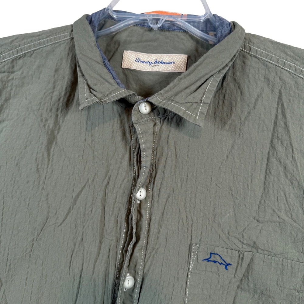 Tommy Bahama Shirt Mens XL Green Short Sleeve Cotton Blend Textured Button Down